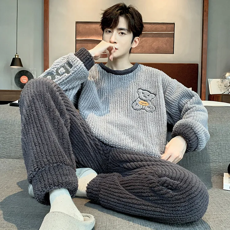 男士睡衣秋冬季珊瑚绒加厚加绒青少年休闲可外穿法兰绒家居服套装