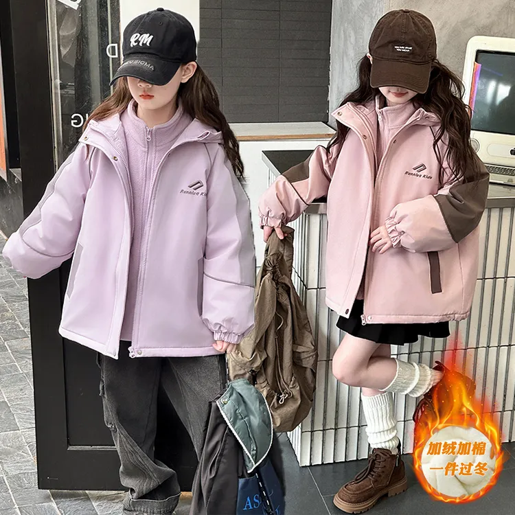 女童冬装外套中大童保暖棉衣拼色加厚派克服洋气女孩加绒冲锋上衣