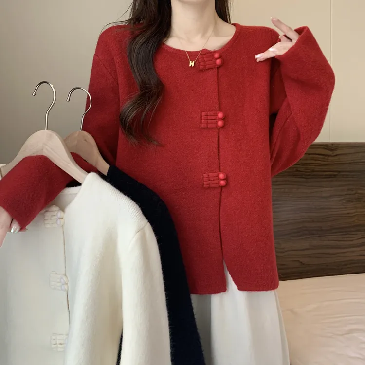 国风女装秋装毛衣开衫外套单排扣圆领毛衣新中式盘扣宽松开衫针织