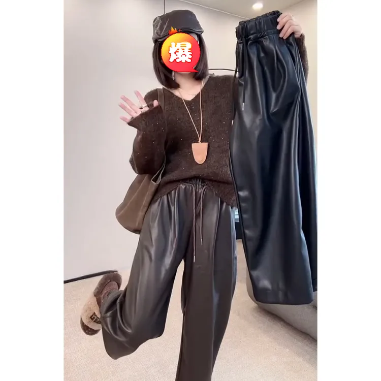 Aimeerosa/艾洛莎休闲裤时尚腿系扣八分裤秋季洋气时髦抽绳皮裤女