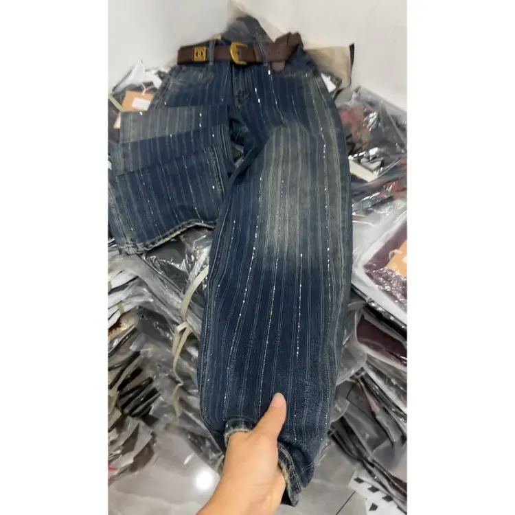Aimeerosa/艾洛莎秋季百搭牛仔裤裤子高腰显瘦长裤时尚竖条烫钻