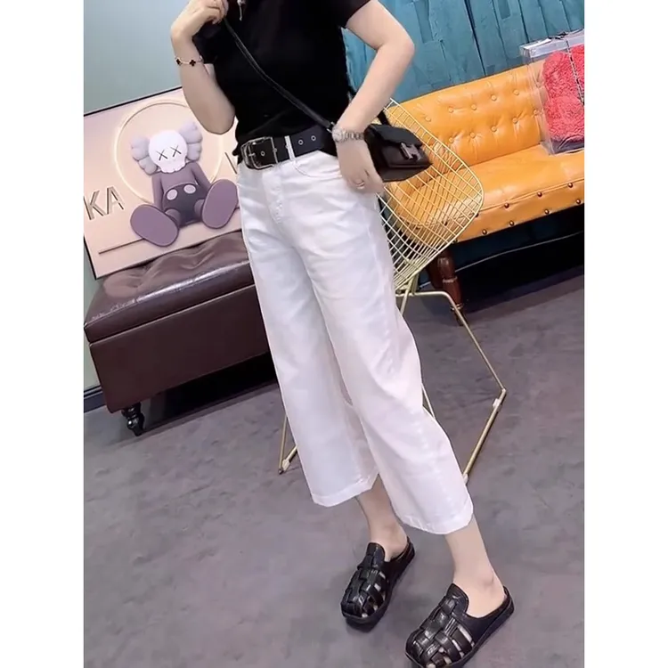 Aimeerosa/艾洛莎2024新款白色牛仔裤大码高腰八分百搭直筒阔腿裤