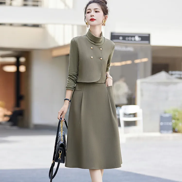 长袖连衣裙2023春秋装新款气质名媛小香风洋气假三件西装马甲长裙