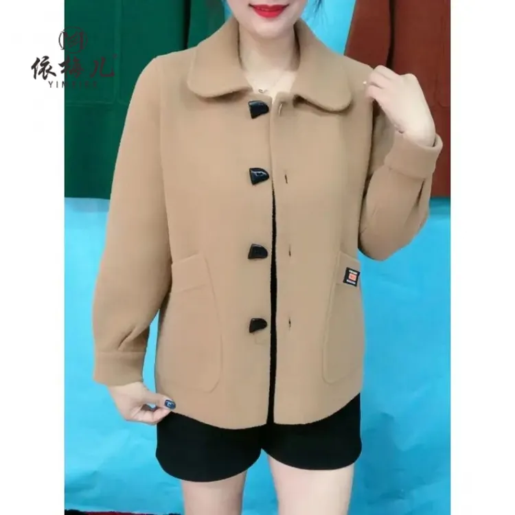 2024新款爆款妈妈装仿双面尼外套洋气牛角扣方领开衫百搭中年上衣