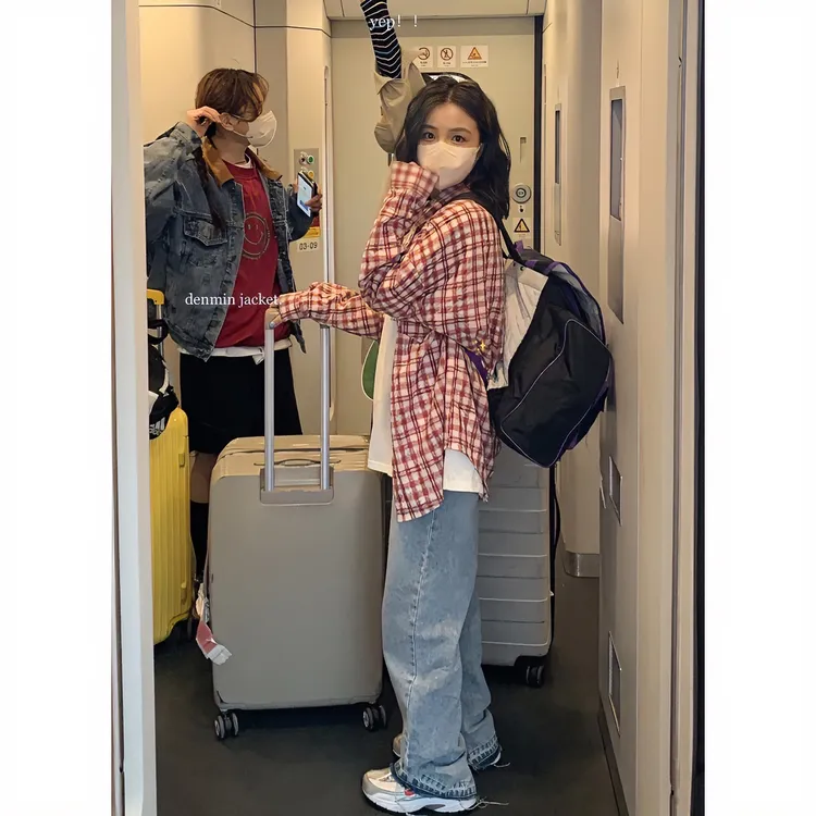 Moses Queen/魔西女王红格纹长袖衬衫女复古港风薄款宽松百搭外套