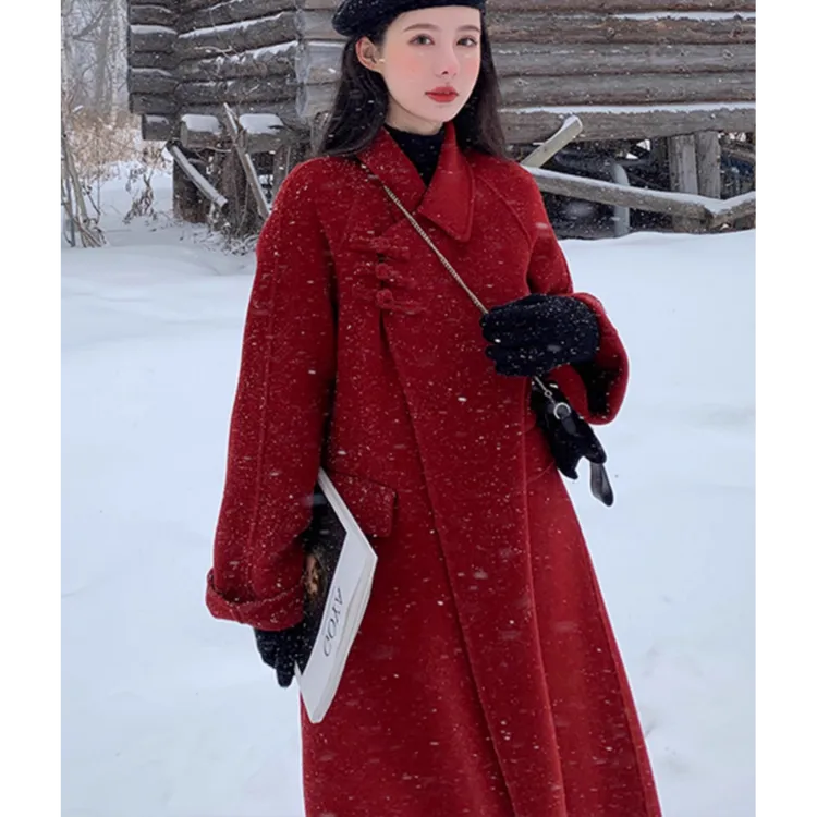 国风中国结双面呢羊毛大衣女中长款2024秋冬新款