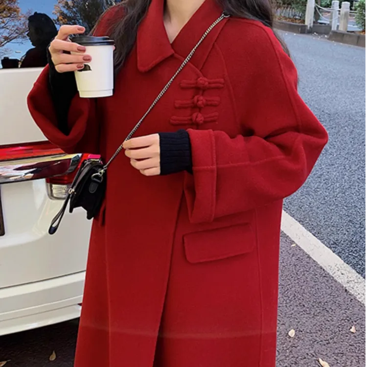 2024年秋冬新款红色结婚新娘双面呢冬季羊毛大衣女中长款