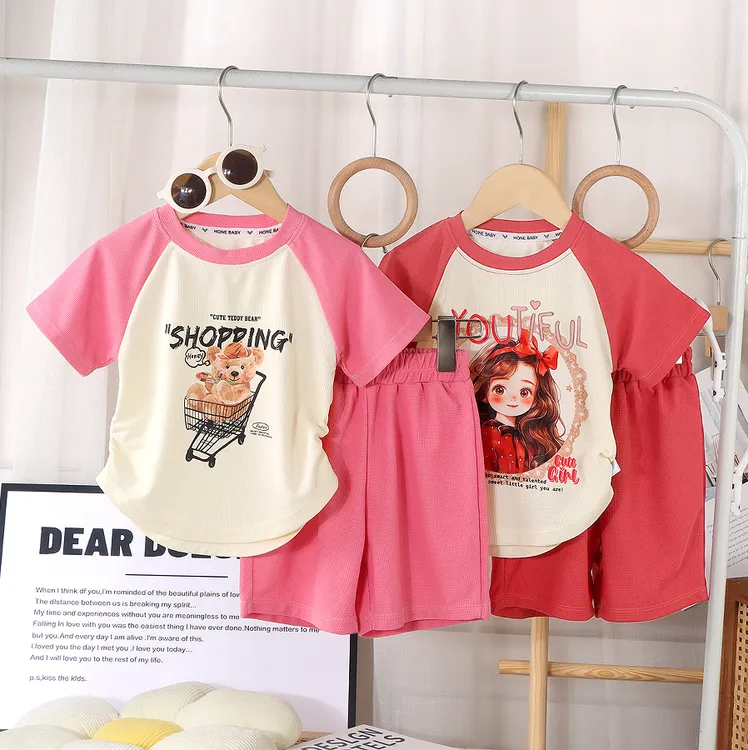 2025新款华夫格插肩短袖套装女童圆领百搭中大童卡通洋气女孩套装