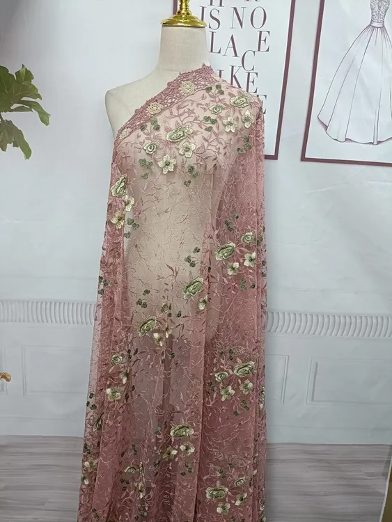 藕色系连衣裙旗袍服装网纱刺绣面料中国风手工DIY绣花布料包邮