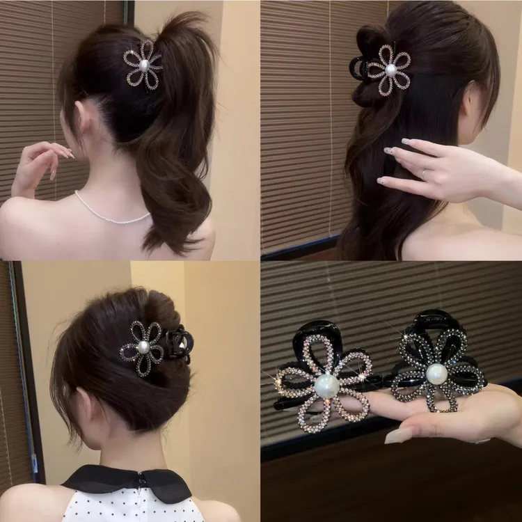 依牧高级感韩版轻奢闪钻镂空花朵抓夹后脑勺盘发鲨鱼夹高马尾抓夹商品图