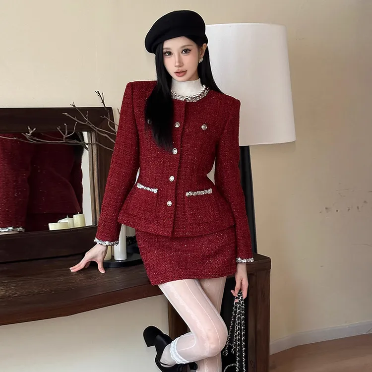 小香风套装红色亮片长袖收腰外套女春秋穿搭高级感网红时尚两件套