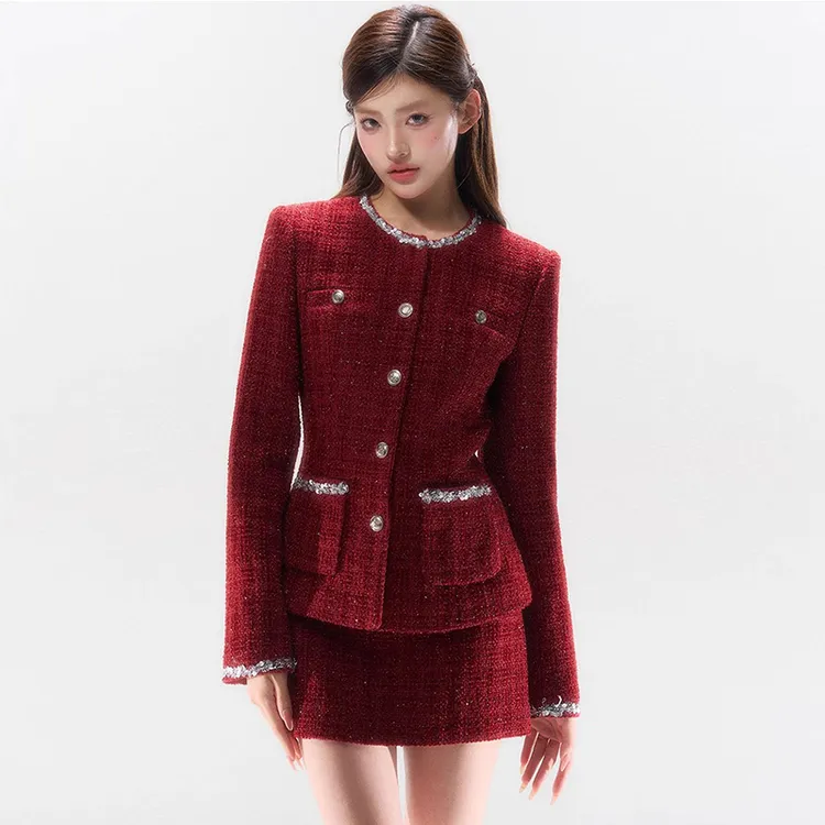 欧货2025秋冬新款时尚套装女酒红小香风收腰外套低腰半身裙两件套