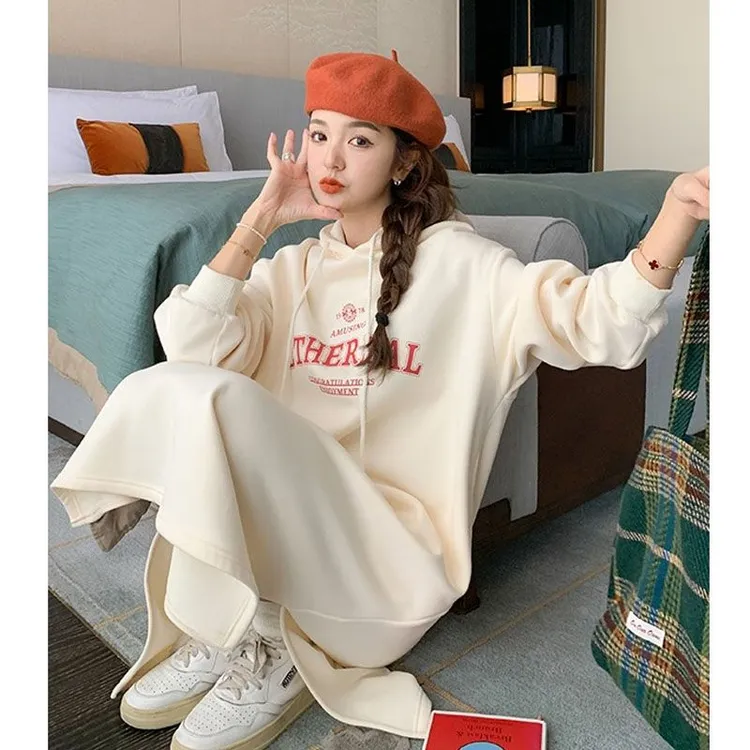 韩式复合大卫衣绒口袋冬季加绒韩版卫衣长裙开叉连帽连衣裙双帽潮