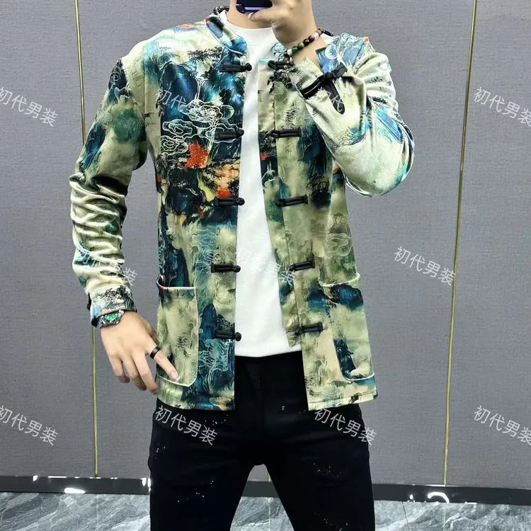 高品质复古时尚男士百搭中式古风休闲盘扣中国风唐装外套-花