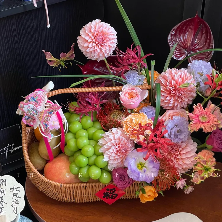 （花园时光）中式手提花盒鲜花花束包装花篮手拎水果鸡蛋月子送礼Q9