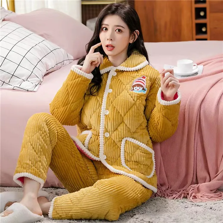 甜美秋冬季夹棉睡衣女士三层冬款长袖保暖加绒宽松套装家居服大码