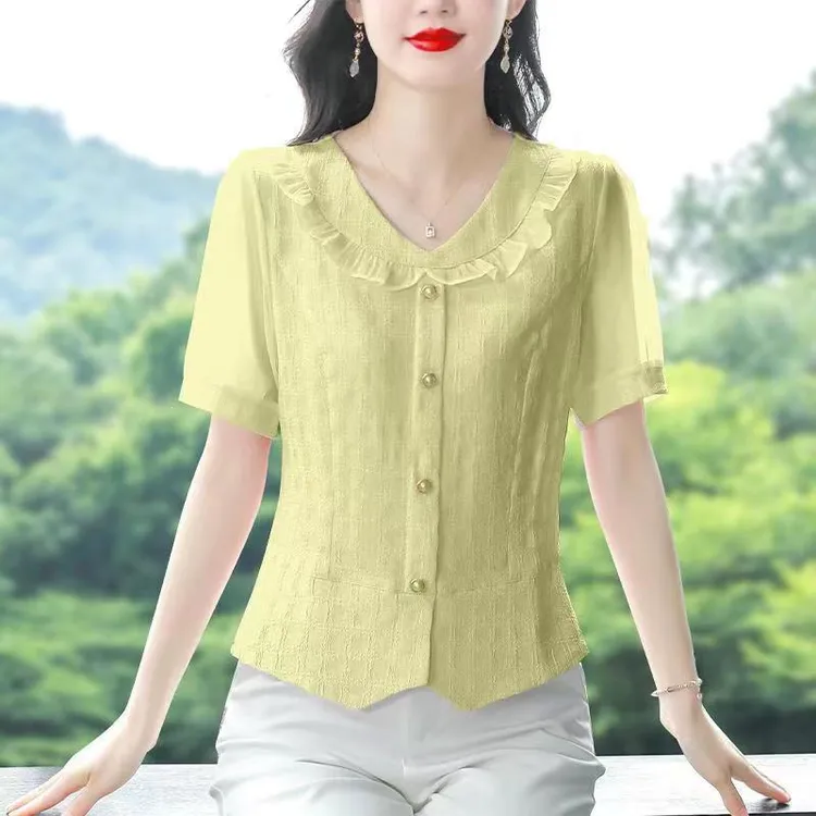 夏季洋气娃娃领短袖上衣提花显瘦中年法式时尚百搭气质小众上衣女