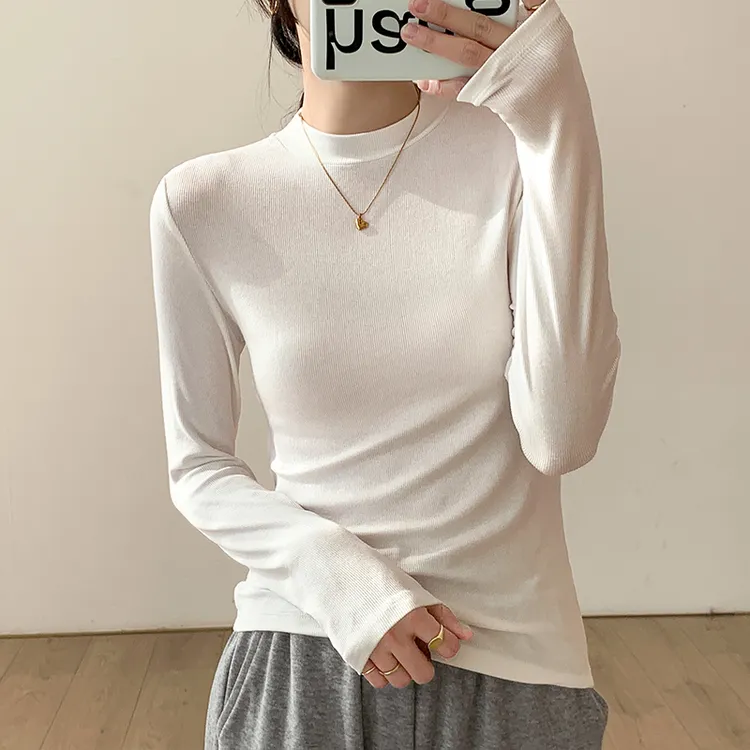 春装新款纯色百搭立领打底衫韩版女装白色长袖t恤内搭显瘦上衣服