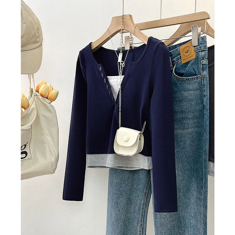 假两件长袖t恤上衣2024新款春秋冬季薄款可外穿内搭上衣打底衫春