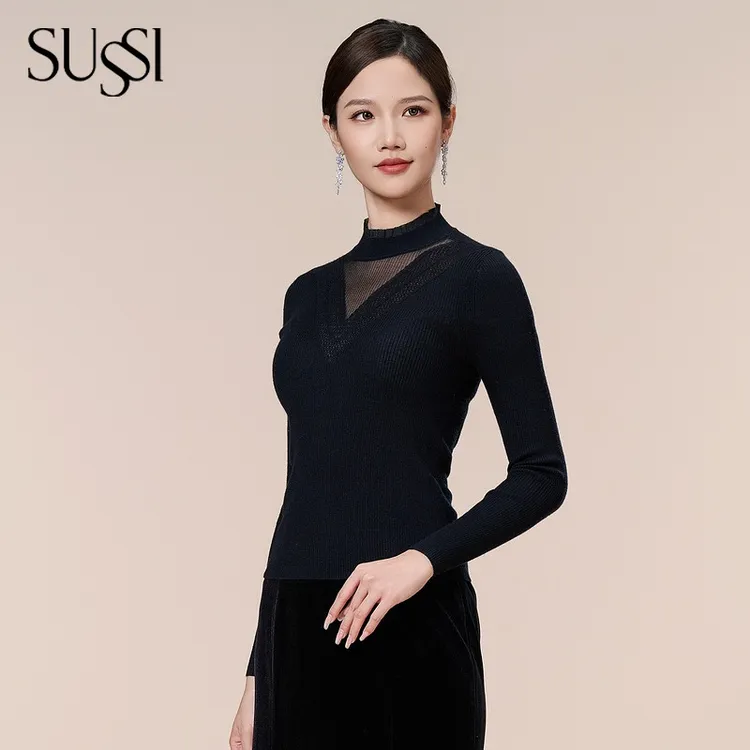 SUSSI古色丨“百搭款”休闲黑色气质时尚修身毛衣女款长袖打底