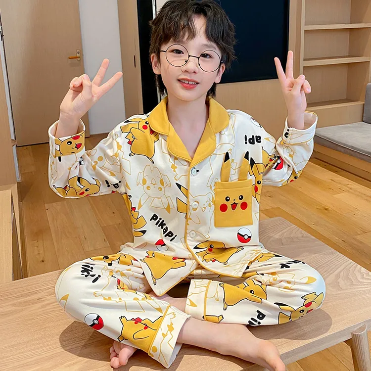 儿童睡衣男童春秋季纯棉长袖皮卡丘男孩宝宝中大童卡通家居服套装