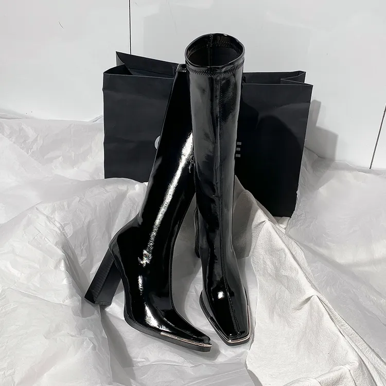 肯豆同款高跟长靴女时尚粗跟漆皮瘦瘦靴方头高筒不过膝显瘦骑士靴