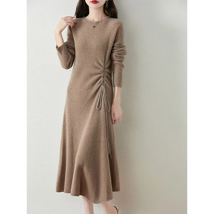 轻熟抽绳收腰褶皱风纯羊毛连衣裙女秋冬季时尚显瘦气质打底毛衣裙
