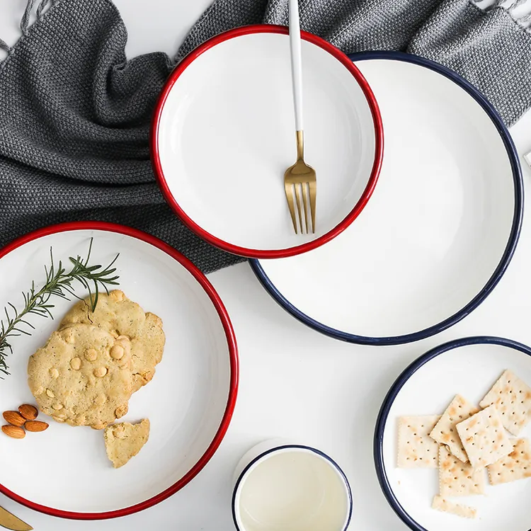 日式搪瓷餐盘子家用碗盘餐具创意炒菜汤盘装菜盘子饺子高颜值蒸盘