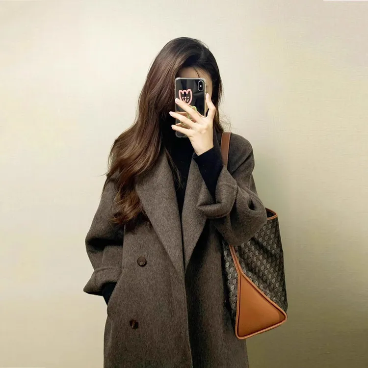 美拉德咖色双面呢子大衣女高级感2025年冬季新款今年流行毛呢外套