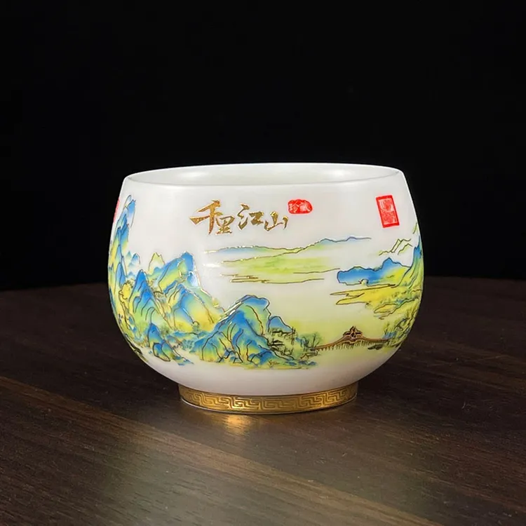 德化白瓷主人杯单杯手绘千里江山品茗杯素烧羊脂玉功夫陶瓷茶杯