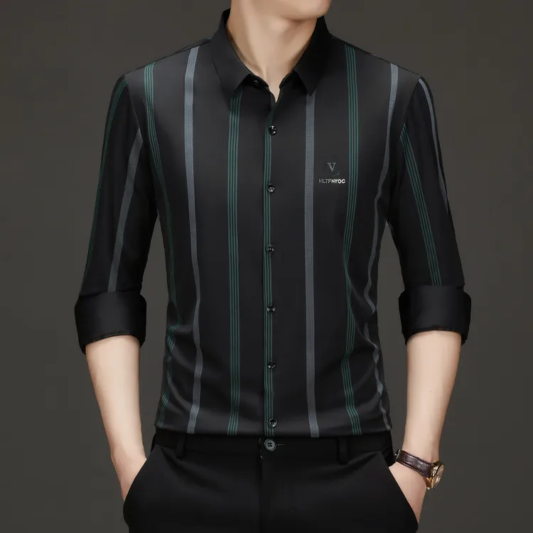 男士长袖条纹衬衫春秋中年免烫舒适休闲上衣