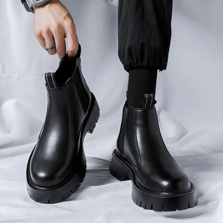 男士厚底短靴皮鞋男款切尔西鞋中帮2024新款夏季休闲百搭黑色鞋子