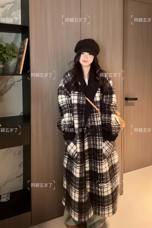 黑白格正反两面穿冬季新品高级感小众韩系慵懒宽松外套中长款大衣