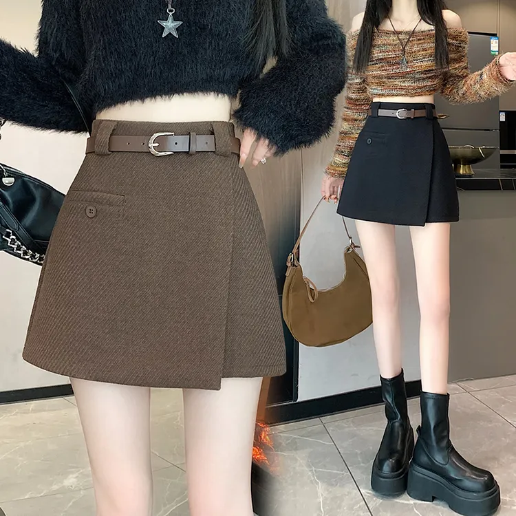 毛呢半身裙秋冬2025新款高腰A字裙百搭包臀裙不规则加厚显瘦短裙