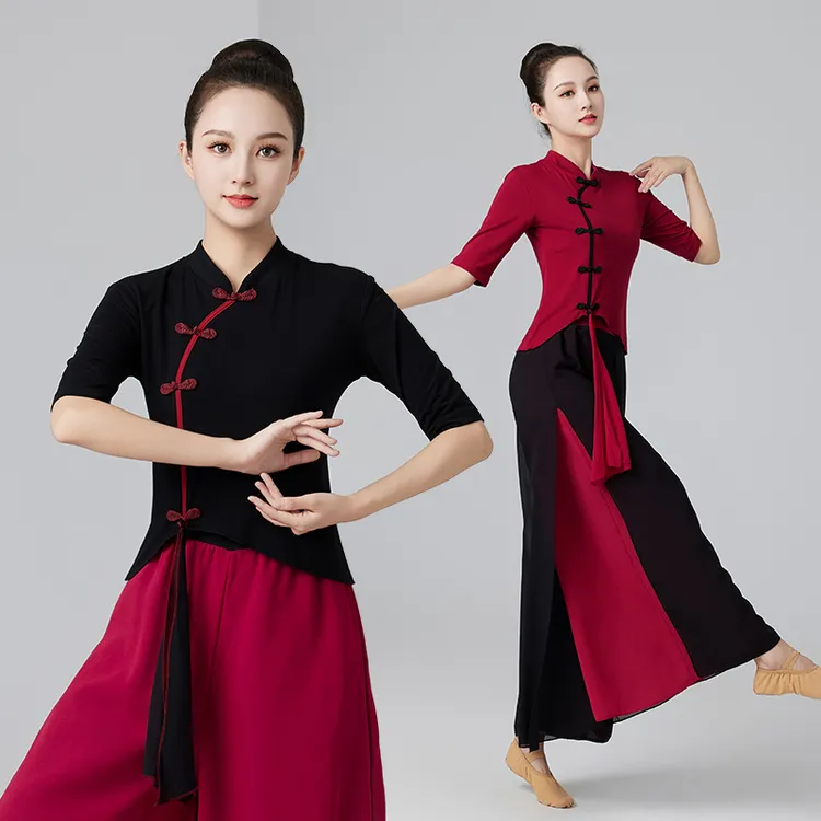 夏季新款广场舞服装中袖复古上衣雪纺高腰阔腿裤垂感轻薄飘逸纱裤