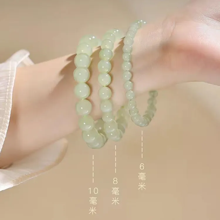 晴水料天然正品和田玉圆珠手串素圈可叠带清新百搭款单圈玉石手饰