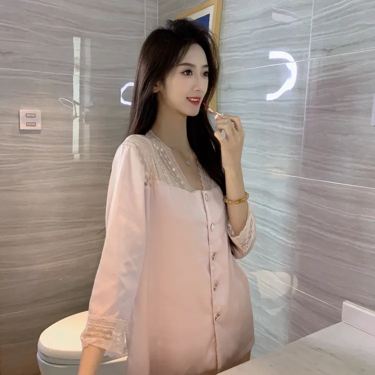 【朦胧柔美】轻奢淡雅粉甜美V领蕾丝边七分袖家居服套装