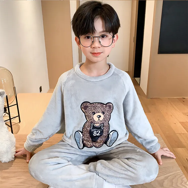 儿童法兰绒睡衣男童秋冬季款加厚保暖套头中大童珊瑚绒家居服套装