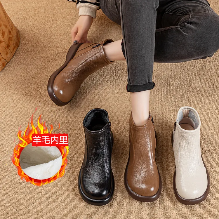 头层牛皮真皮软底妈妈鞋棉鞋厚底防滑短靴子马丁靴皮鞋女鞋秋冬季