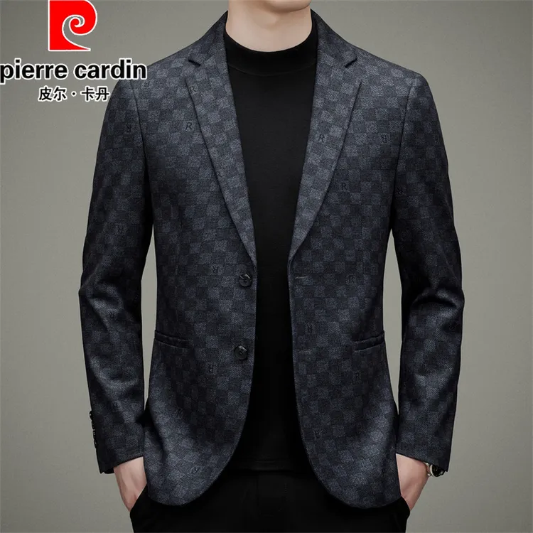 皮尔卡丹高档男士外套小西服两粒扣春秋格子商务修身西装上衣单件