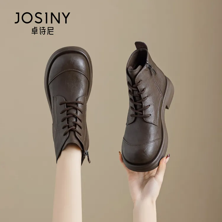JOSINY/卓诗尼棕色靴子女厚底马丁靴新款秋冬加绒圆头英伦风短靴