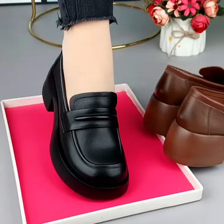牛皮粗跟中低跟乐福鞋超轻厚底真皮单鞋女春秋新款圆头英伦女鞋子