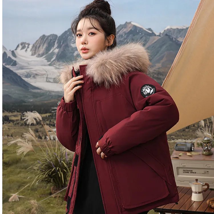 棉服女短款工装派克学生冲锋衣大毛领连帽加厚保暖冬装外套防寒服