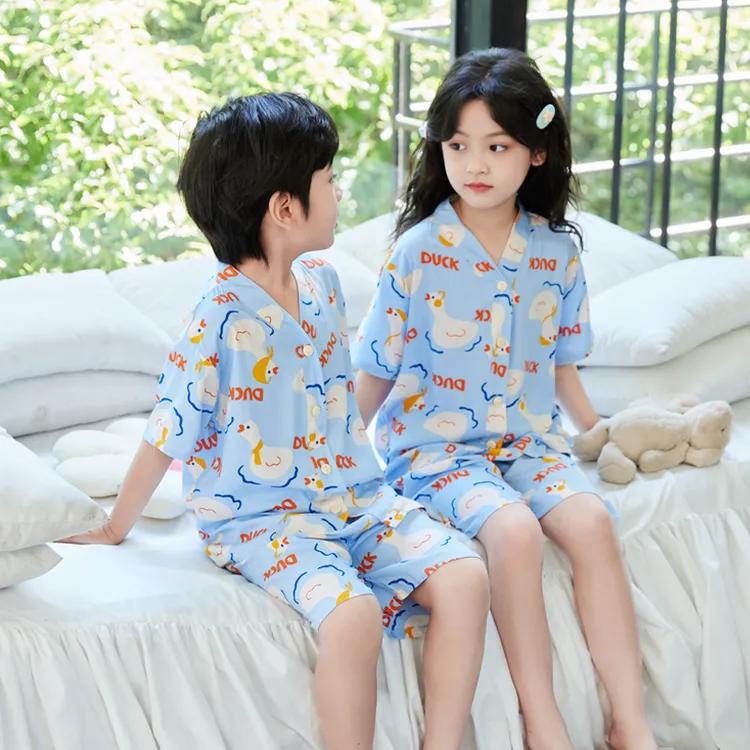  夏季薄款儿童棉绸睡衣短袖短裤家居服套装宝宝男童女童中大童