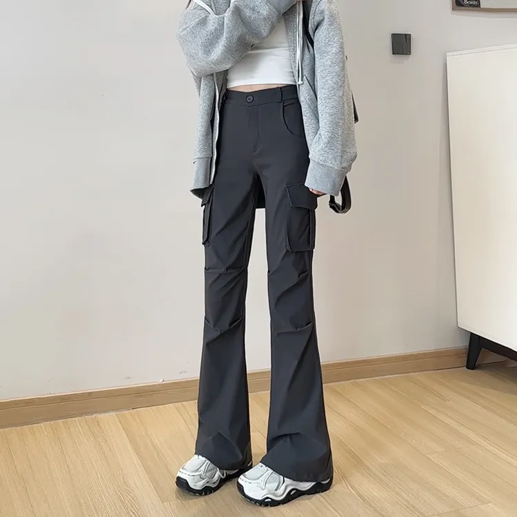 微喇叭工装裤女款春秋季2025年新款美式灰色高腰窄版降落伞兵裤子