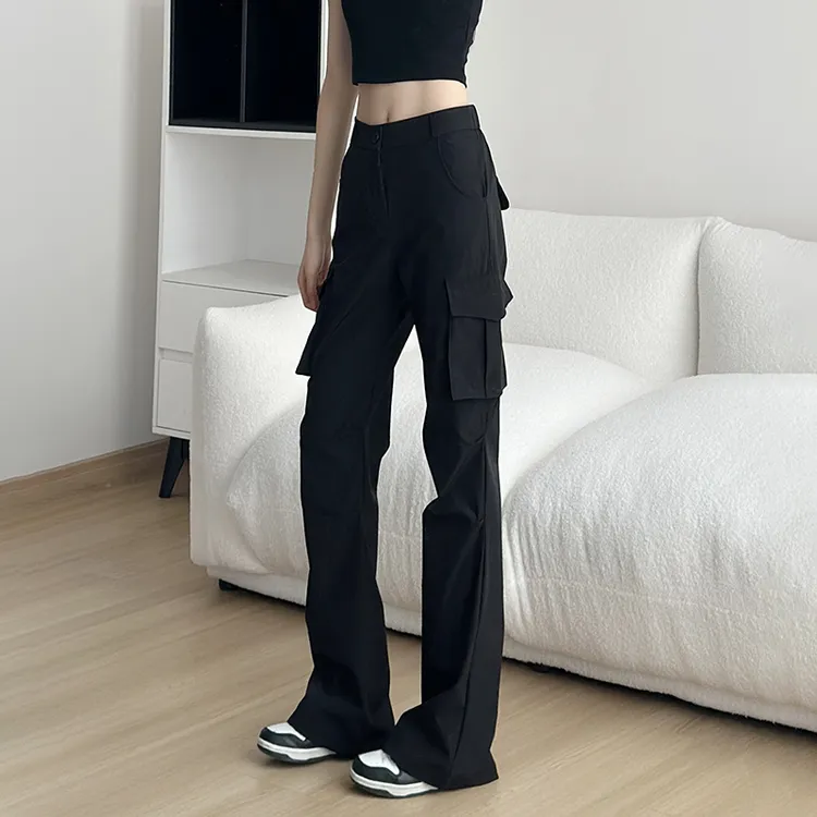 气质微喇叭工装裤女2025春秋季新款上档次窄版小个子黑色上班裤子