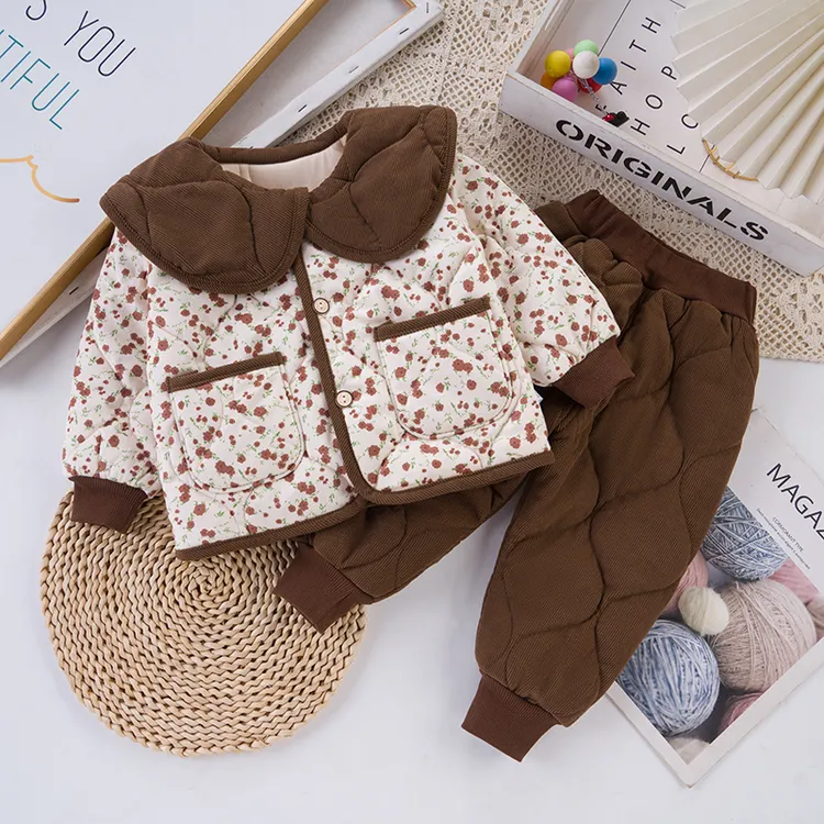 秋季冬季男童女童棉衣棉裤夹棉套装儿童宝宝时尚洋气碎花外穿加厚