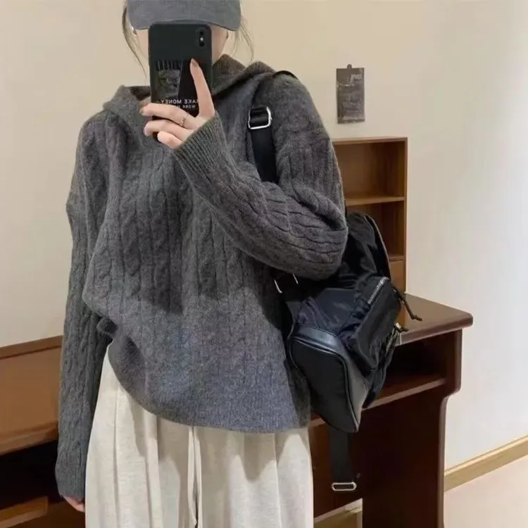 8686#美拉德麻花毛衣带帽针织衫连帽纯色慵懒宽松时尚针织衫上衣