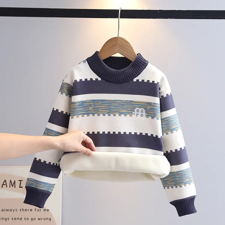 男童毛衣一体绒秋冬装2025新款儿童圆领条纹针织衫男孩套头打底衣