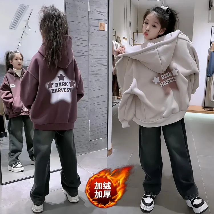 女童外套秋冬款2025新款大童女孩洋气帽衫加绒加厚连帽运动上衣潮